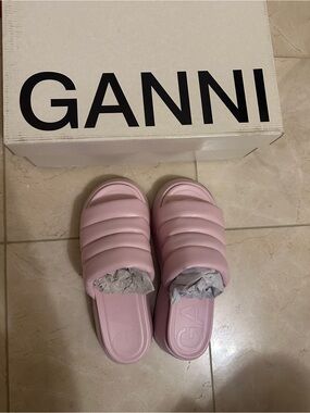 Ganni Quilted Pink Slide Mules